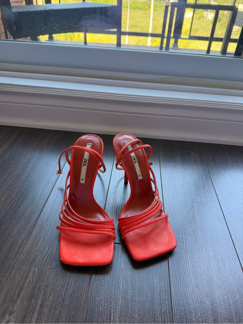 Zara Orange-Red Strappy Square-Toe Heels